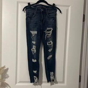 American Eagle Outfitters Women's Dark Wash Distressed Skinny Jeans